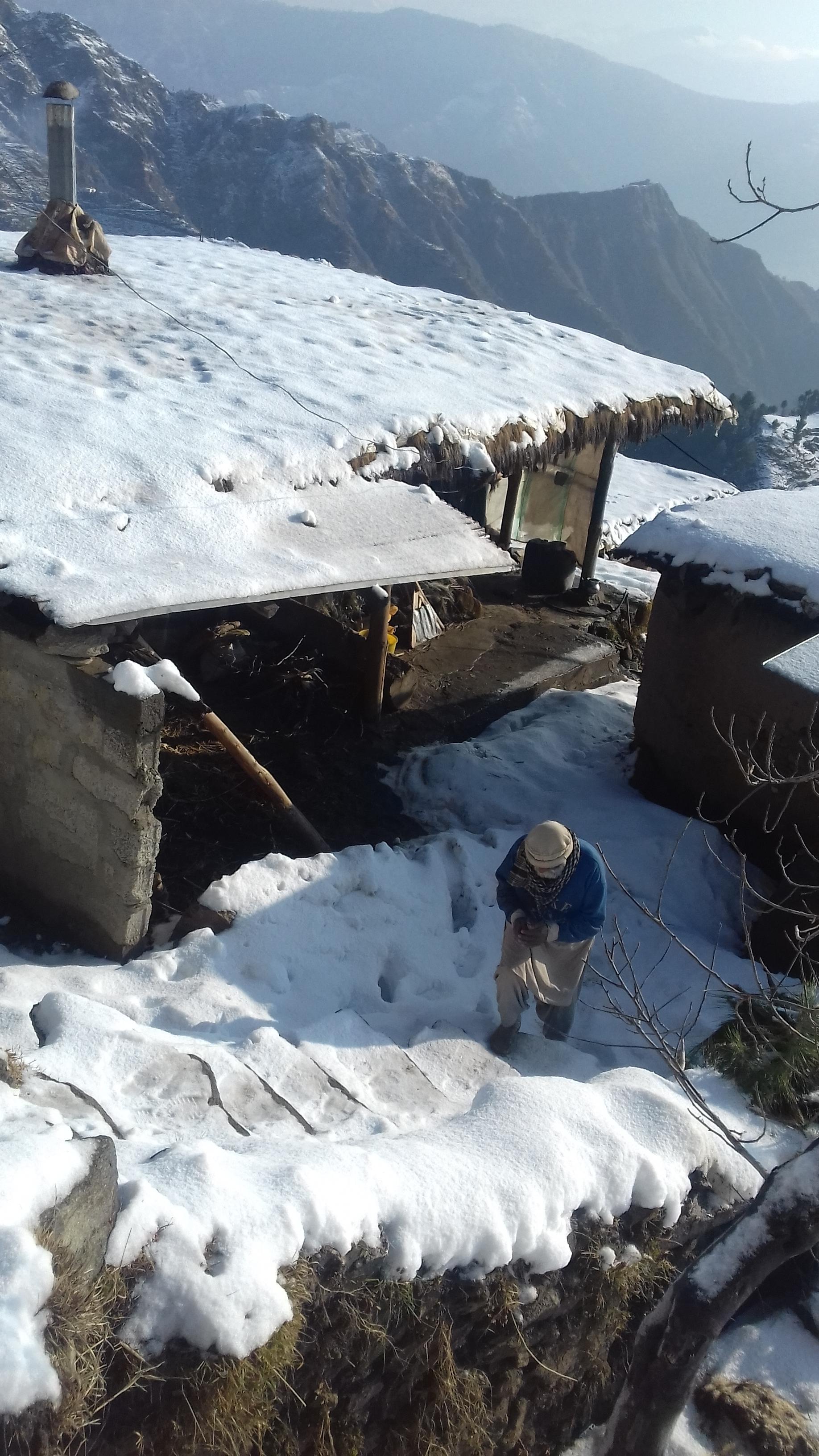 Photo of a person walking around their snow covered house.